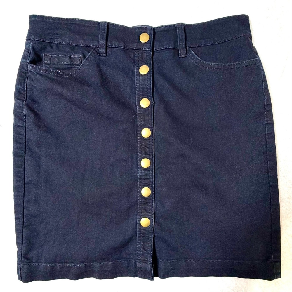 Jones New York Sport Denim Mini Skirt Womens 8 Petite Navy Blue Button‎ Front